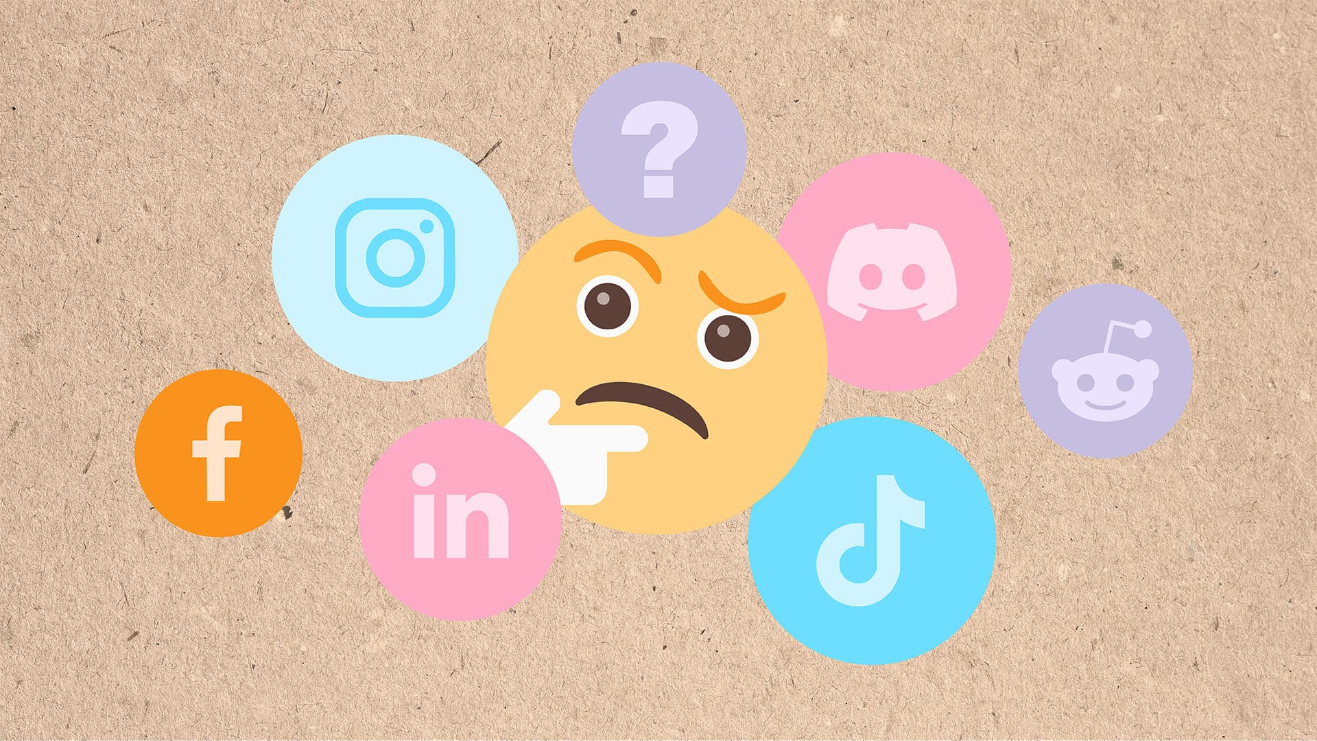 Bild på en tänkande emoji och flertal ikoner för sociala medier